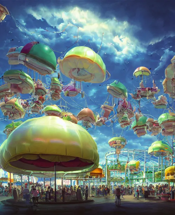 Image similar to a puffy inflated amusement park made out of fat seamless alien isopods, in the style of an aerodynamic obese robot, overgrown with thick orchids, partly cloudy, somber, dramatic lighting, by dan mumford, yusuke murata, makoto shinkai, ross tran, cinematic, unreal engine, cel shaded, featured on artstation, pixiv