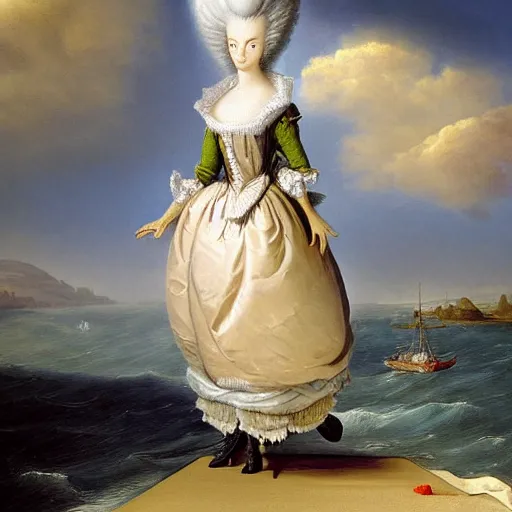 Image similar to Marie Antoinette levitating over the sea. high detail, great lighting, 8k resolution, masterpiece, concept art, illustration