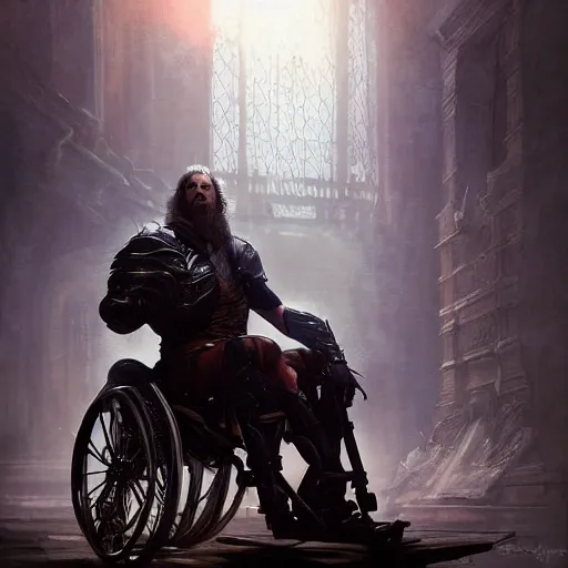 Image similar to handsome portrait of a wheelchair guy fitness posing, radiant light, caustics, heroic, smooth, one legged amputee, bloodborne gehrnan, by gaston bussiere, bayard wu, greg rutkowski, giger, maxim verehin