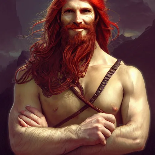 Image similar to portrait of a young ruggedly handsome but joyful pirate, male, masculine, upper body, red crimson hair, long long long flowing hair, fantasy, proud smirk, intricate, elegant, highly detailed, digital painting, artstation, concept art, matte, sharp focus, illustration, art by artgerm and greg rutkowski and alphonse mucha