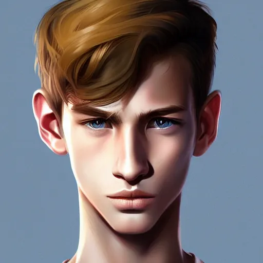 Prompt: colorful Captivating teenage boy with brown blond short quiff hair and thin slightly round facial structure with cleft chin, bumpy nose, good definition of cheekbones, Alert brown eyes, narrow face, slim body, atmospheric lighting, painted, intricate, 4k, highly detailed by Charlie Bowater