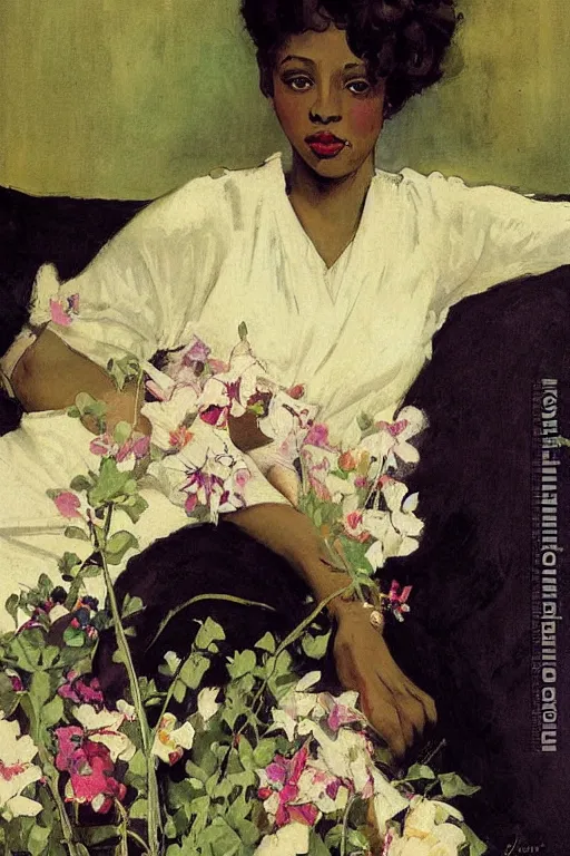 Image similar to black european woman in a gown laying on couch, bloom flowers, modern, eclectic, illustration, by ramon casas