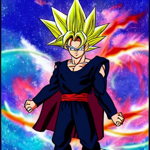 Image similar to Goku Kamehameha. anime style art. very colorful