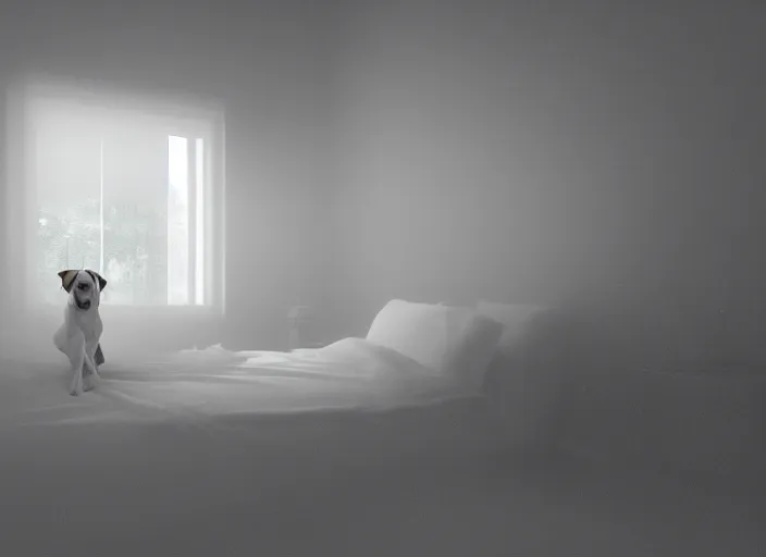 Image similar to photography of a Jack Russel watching outside the window on a bed in a 3d rendered white room, octane render, 3d, foggy, volumetric light, volumetric fog, photorealistic, unreal engine 5