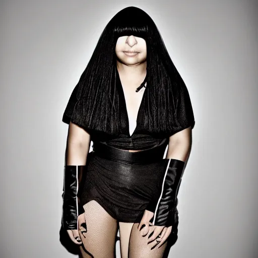 Image similar to Sia Furler wearing a leatoard full body photoshoot