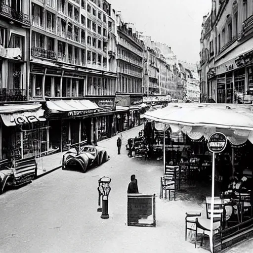 Prompt: une rue de paris vide avec des voitures garees, un restaurant avec une terrasse, des boutiques avec des neons, en debut de matinee en 1 9 4 0