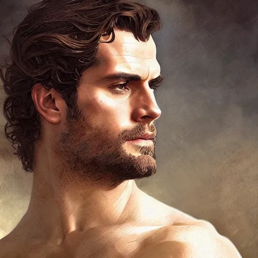 Image similar to Henry Cavill as a Greek god, gorgeous, amazing, muscular, intricate, highly detailed, digital painting, artstation, concept art, sharp focus, illustration, art by greg rutkowski and alphonse mucha