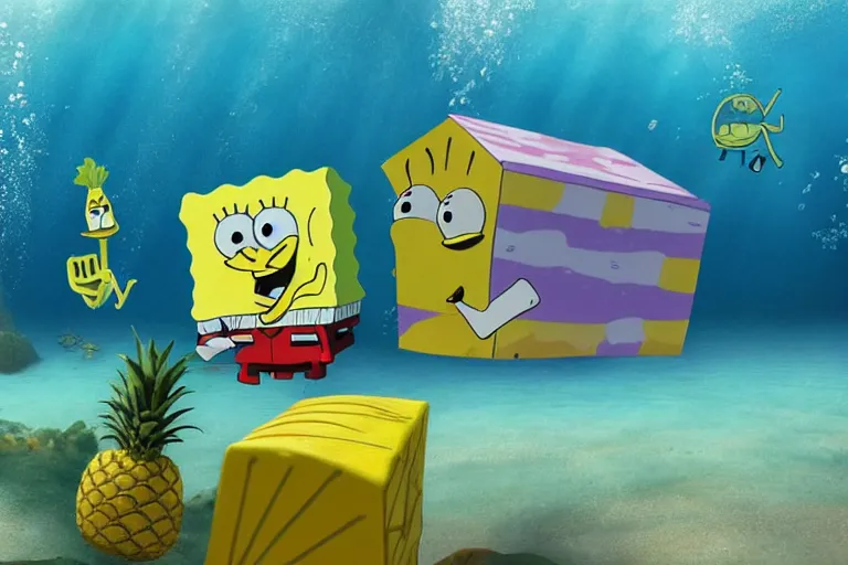 Image similar to SpongeBob is underwater outside a pineapple house, 8k, real photo, hyperrealism