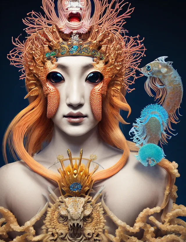 Image similar to 3 d goddess close - up portrait with crown, ram skull. beautiful intricately detailed japanese crow kitsune mask and clasical japanese kimono. betta fish, jellyfish phoenix, bioluminescent, plasma, ice, water, wind, creature, artwork by tooth wu and wlop and beeple and greg rutkowski