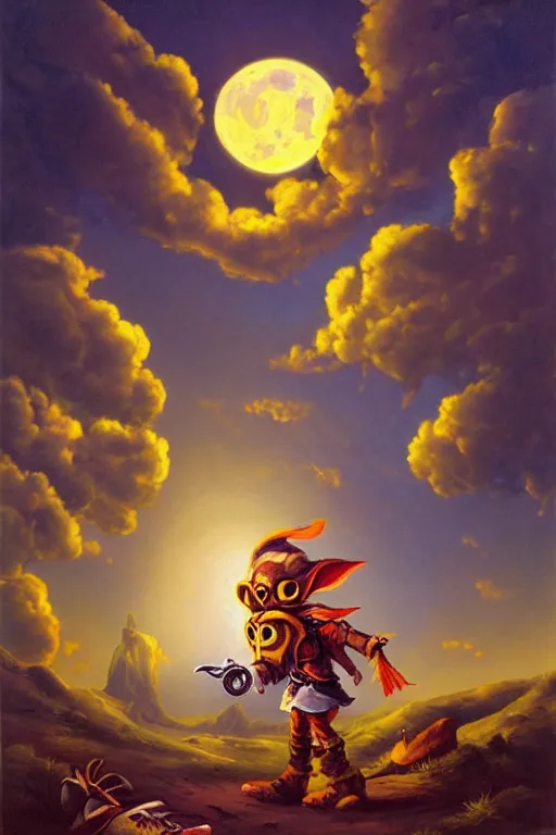 Prompt: asher brown durand oil painting on canvas hyrule skullkid in majoras mask with the moon in the sky