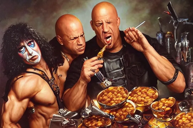 Image similar to vin diesel pouring baked beans into the mouth of paul stanley in kiss makeup, an oil painting by ross tran and thomas kincade