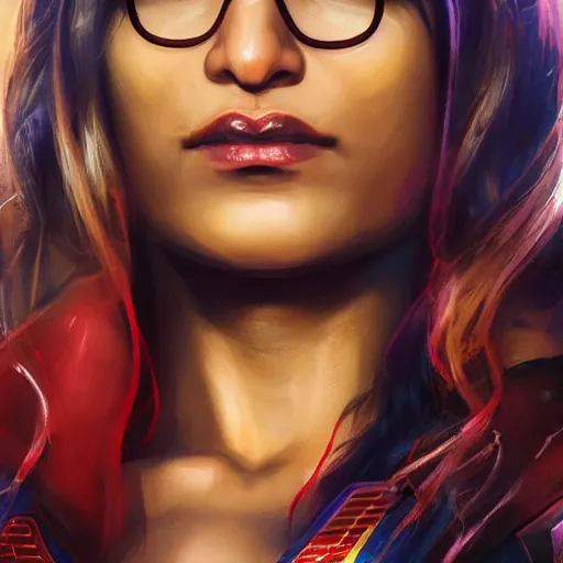 Image similar to a close up face of Mia Khalifa as Supergirl by Greg Rutkowski, Sung Choi, Mitchell Mohrhauser, Maciej Kuciara, Johnson Ting, Maxim Verehin, Peter Konig, Zack Snyder, 8k photorealistic, cinematic lighting, HD, high details, dramatic, trending on artstation,