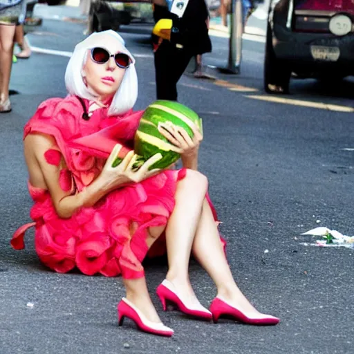 Image similar to lady gaga eating watermelon sitting on the street, lots of flies flying around