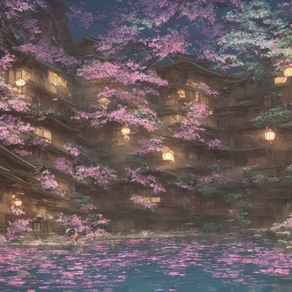 Prompt: Japanese bath house at night (Spirited Away), cherry blossom petals, highly detailed, 3D render, digital art, artstation, 8K photography, matte photo-realistic, vivid colors, moody cool temperature, by Hayao Ghibli Miyazaki!!!, breath of the wild style