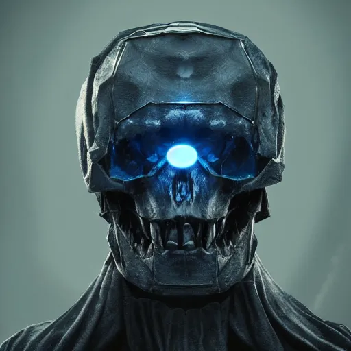 Prompt: award - winning. trending on artstation. 4 k. eerie tone. a robotic skull faced figure wearing a hooded cape made of the night sky with 1 5 dark blue glowing eyes on its face and rows of teeth on its chest. full - body. portrait.