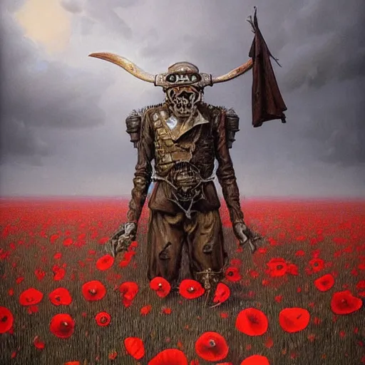 Image similar to a hyperrealistic painting of a steampunk demon in a feild of poppies, by john kenn mortensen and zdzislaw beksinski, highly detailed, vivid color,