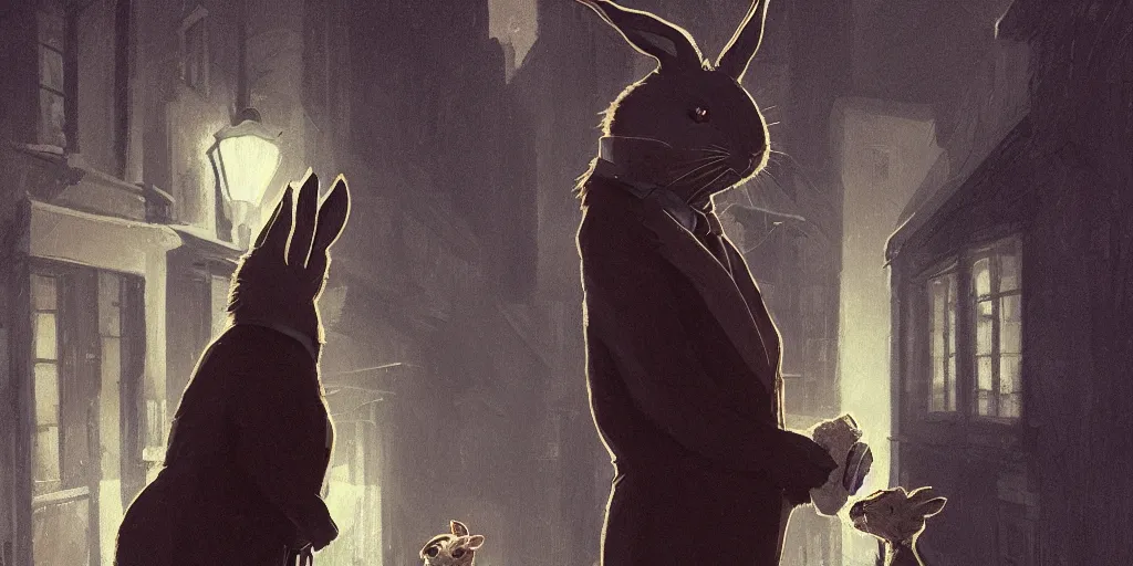 Image similar to rabbit wearing a tie is talking to a detective ferret in a dark alley, warm color palette, night time, dramatic lighting, noir film, character sheet, fine details, high contrast, blacksad, kim jung gi, greg rutkowski, trending on artstation, 8 k, front view, back view, ultra wide angle