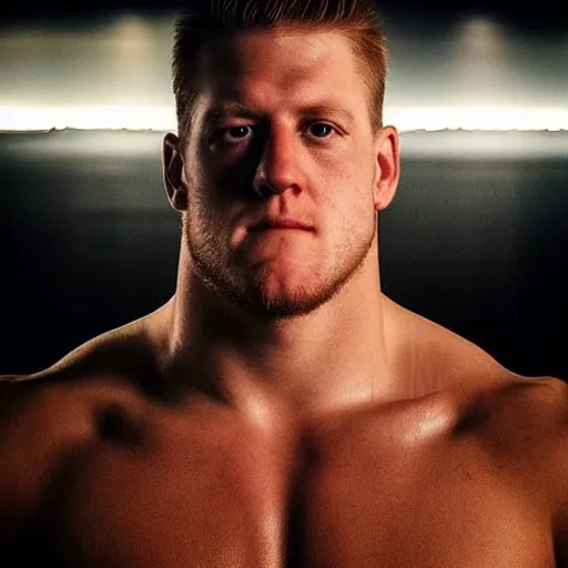 Image similar to “a realistic detailed photo of a guy who is an attractive humanoid who is half robot and half humanoid, who is a male android, football player JJ Watt, shiny skin, posing like a statue, blank stare”