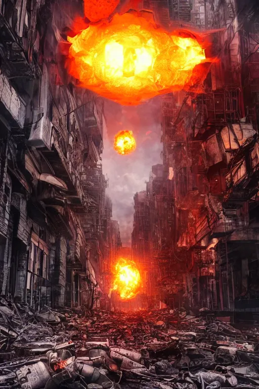 Image similar to Cybernetic Robotic Fire Orb Floating above a destroyed city street, fantasy, photorealistic, metropolis