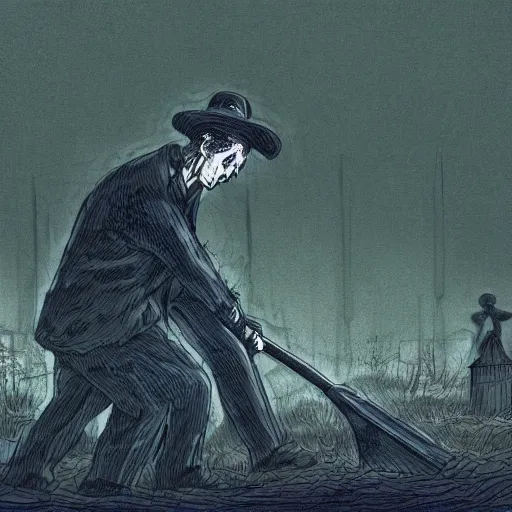 Image similar to a man with a shovel standing digging up a grave with a dead body in it, subtle blue, orange, and dark green tones, high quality, high detail, dark colors, sinister atmosphere, dramatic lighting, cinematic, establishing shot, extremely high detail, photo realistic, cinematic lighting, pen and ink, intricate line drawings, by Yoshitaka Amano, Ruan Jia, Kentaro Miura, Artgerm, post processed, concept art, artstation, matte painting, style by eddie mendoza, raphael lacoste, alex ross