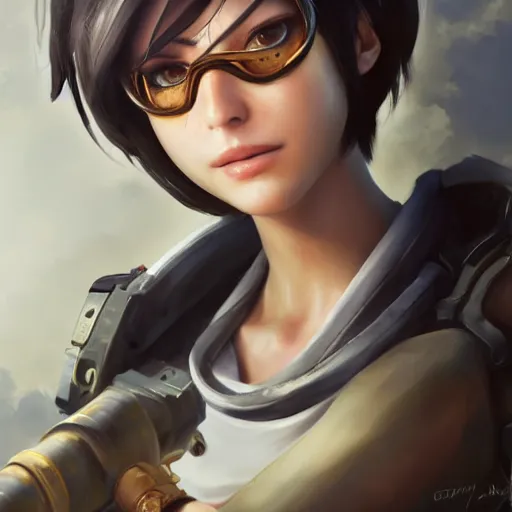 Image similar to a highly detailed portait of tracer from overwatch as nier automata cain, digital art, pretty face, muscular, very beautiful face, very detailed eyes, 8 k resolution, digital painting, by james gurney wlop, greg rutkowski, full body