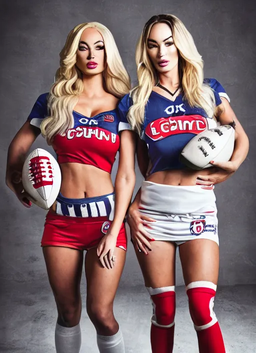 Image similar to portrait of lindsey pelas and megan fox wearing football jerseys, by charlotte grimm, studio light, detailed face, canon eos c 3 0 0, ƒ 1. 8, 3 5 mm, 8 k, medium - format print, half body shot