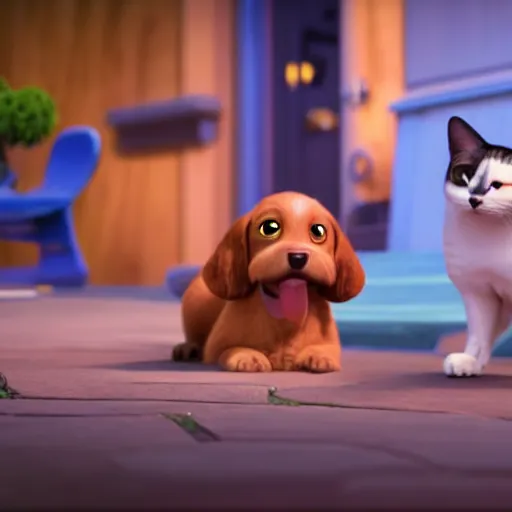 Prompt: a dog and a cat doing crimes, pixar, 8k