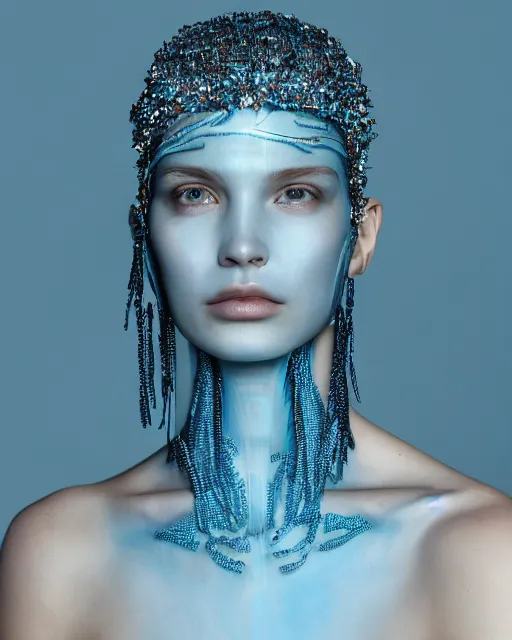 Image similar to natural light, soft focus portrait of an android with soft synthetic blue skin, bioluminescent plastics, smooth shiny metal, elaborate head piece, piercings, skin textures, by annie liebovotz,