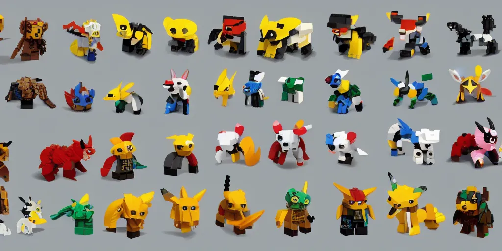 Image similar to small creatures made of a single brick, four legged, quadrupedal, cute looking, kawaii, sharp focus, character sheet, game concept art, blocky, lego mixels, japanese, katamari damacy inspired, pokemon inspired