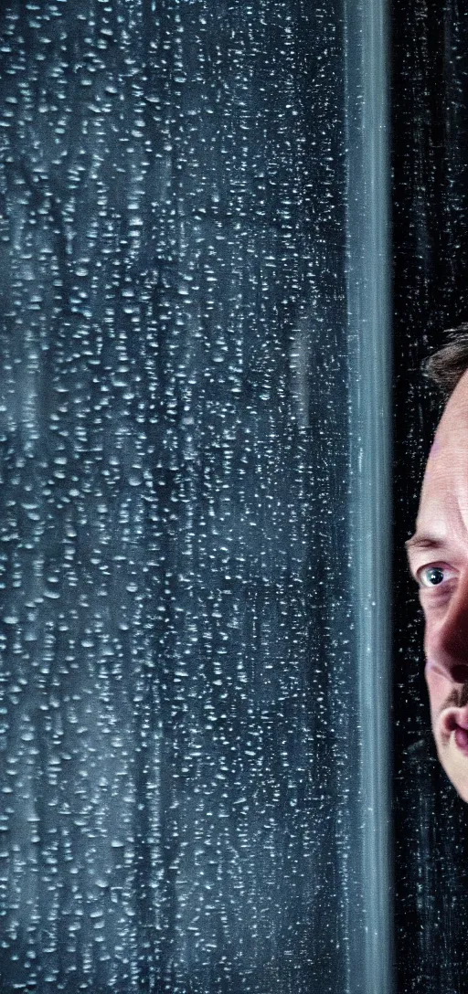 Image similar to dark photo of dark blue rainy bedroom window at night, dimly lit creepy face of elon musk staring in through the window, horror, scary face,