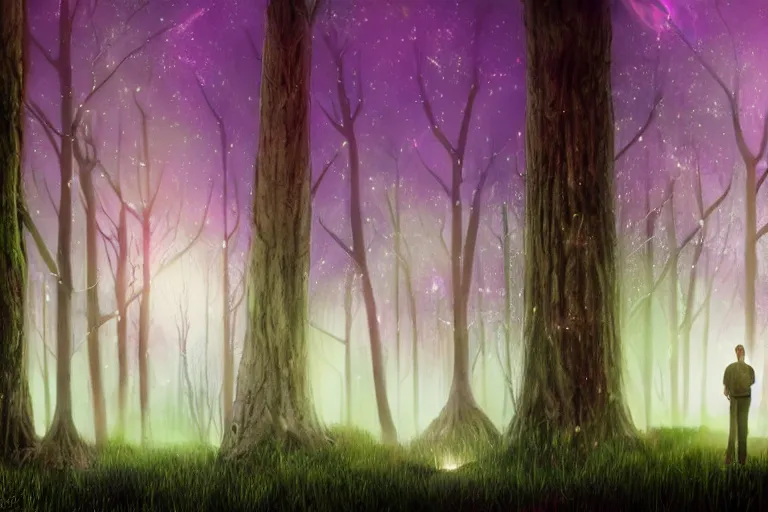 Image similar to Kurt Cobain stands in ancient magical forest, tall purple and pink trees, moonlit, winding path lined with bioluminescent mushrooms, fireflies, pale blue fog, mysterious, eyes in the trees, cinematic lighting, photorealism