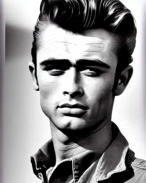 Image similar to genetic cross between james dean and sean connery : : handsome young man with pompadour, sideburns, and slight mullet : : sharp cheekbones, dimpled cheeks and chin, soulful blue eyes, stern lips : : professional color photograph, dynamic lighting, highly detailed