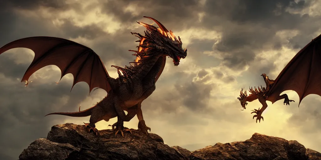 Image similar to A single simple dragon with half open wings breathing fire and standing on the top of a mountain, epic composition, epic lighting, detailed and intricate image, cinematic, 4K