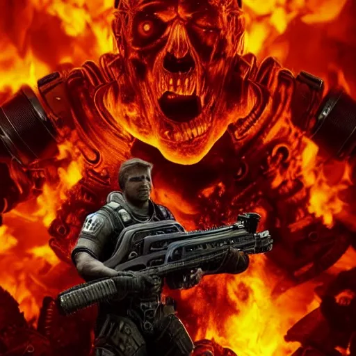 Image similar to Photo portrait of Donald Trump burning in hell!! in Gears of War, splash art, movie still, detailed face, photorealistic facial features, cinematic lighting, dramatic, octane render, long lens, shallow depth of field, bokeh, anamorphic lens flare, 8k, hyper detailed, 35mm film grain