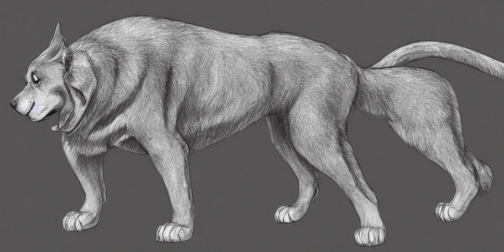 Prompt: full body shot of a large canine with the tail and ears of a cat, pencil drawing, illustration, black and white, artstation