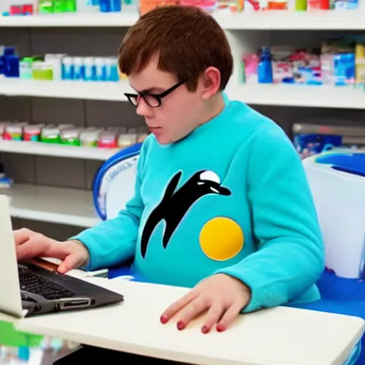 Image similar to A chemist wearing a dolphin outfit playing games on a computer