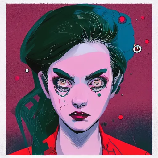 Image similar to Highly detailed portrait of pretty punk zombie young lady with cool hair, freckles and bloodshot eyes by Atey Ghailan, by Loish, by Bryan Lee O'Malley, by Cliff Chiang, inspired by image comics, inspired by graphic novel cover art, inspired by papergirls !! Gradient color scheme ((grafitti tag brick wall background)), trending on artstation