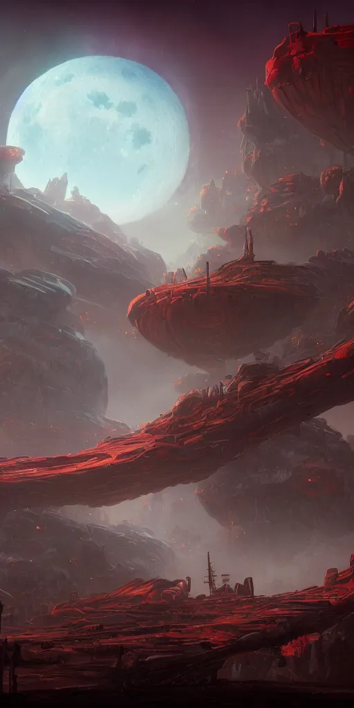 Image similar to Detailed exterior of the enemy moon base, red rising planet, stunning atmosphere, in Style of Peter Mohrbacher, cinematic lighting