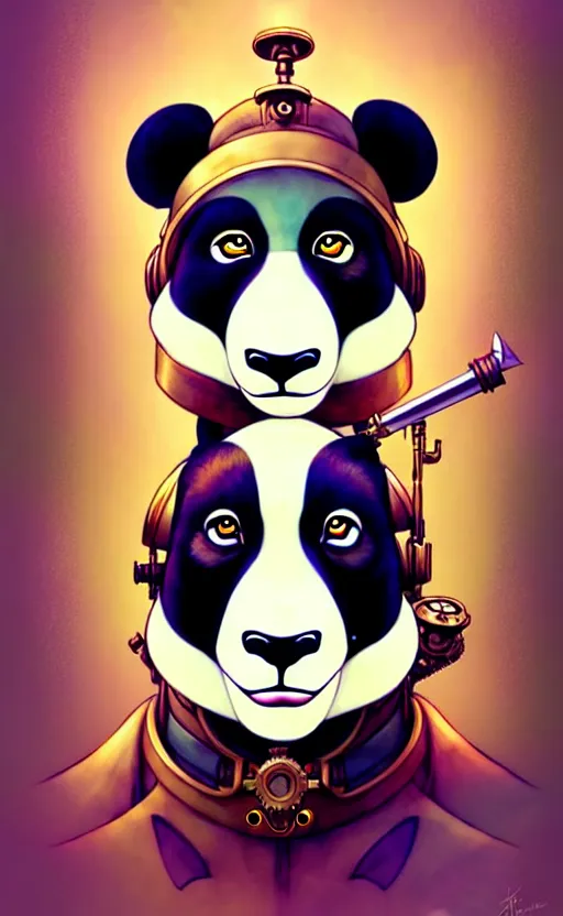 Image similar to don bluth, loish, artgerm, joshua middleton, steampunk, clockpunk anthropomorphic panda, full sailor suit, symmetrical eyes symmetrical face, colorful animation forest background