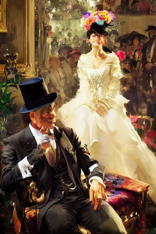 Image similar to portrait of a respectable dignified royal business elite politician wearing a lisa frank top hat and tuxedo, art by anders zorn, wonderful masterpiece by greg rutkowski, beautiful cinematic light, american romanticism by greg manchess, jessica rossier