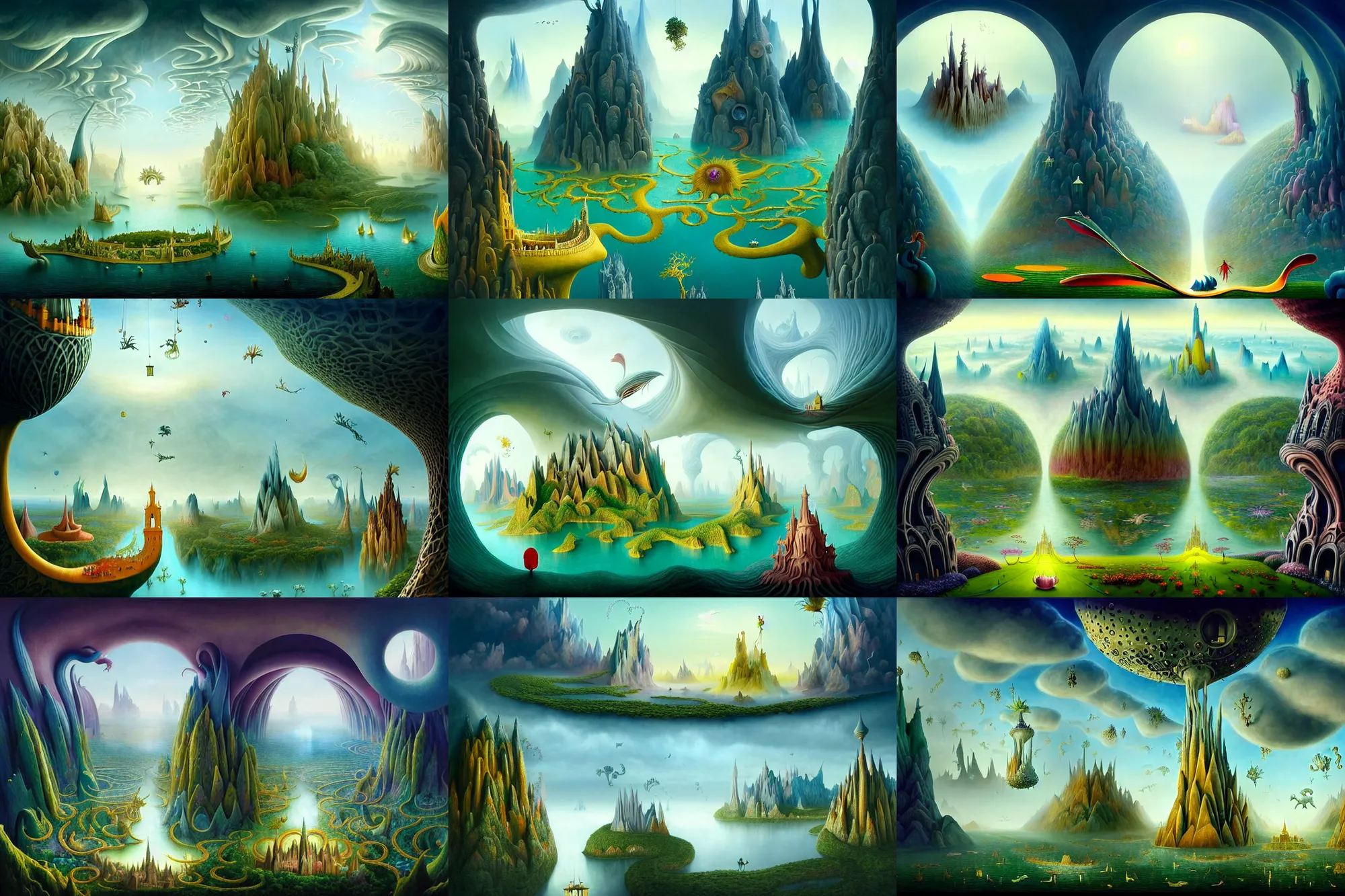 Prompt: a beguiling epic stunning beautiful and insanely detailed matte painting of windows into dream worlds with surreal architecture designed by Heironymous Bosch, dream world populated with mythical whimsical creatures, mega structures inspired by Heironymous Bosch's Garden of Earthly Delights, vast surreal landscape and horizon by Cyril Rolando and Conrad Roset, masterpiece!!!, grand!, imaginative!!!, whimsical!!, epic scale, intricate details, sense of awe, elite, wonder, insanely complex, masterful composition!!!, sharp focus, fantasy realism, dramatic lighting