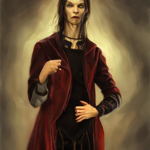 Prompt: full body portrait of an acient vampire oil painting illustration by justin sweet with face and body visible, high quality, artstation