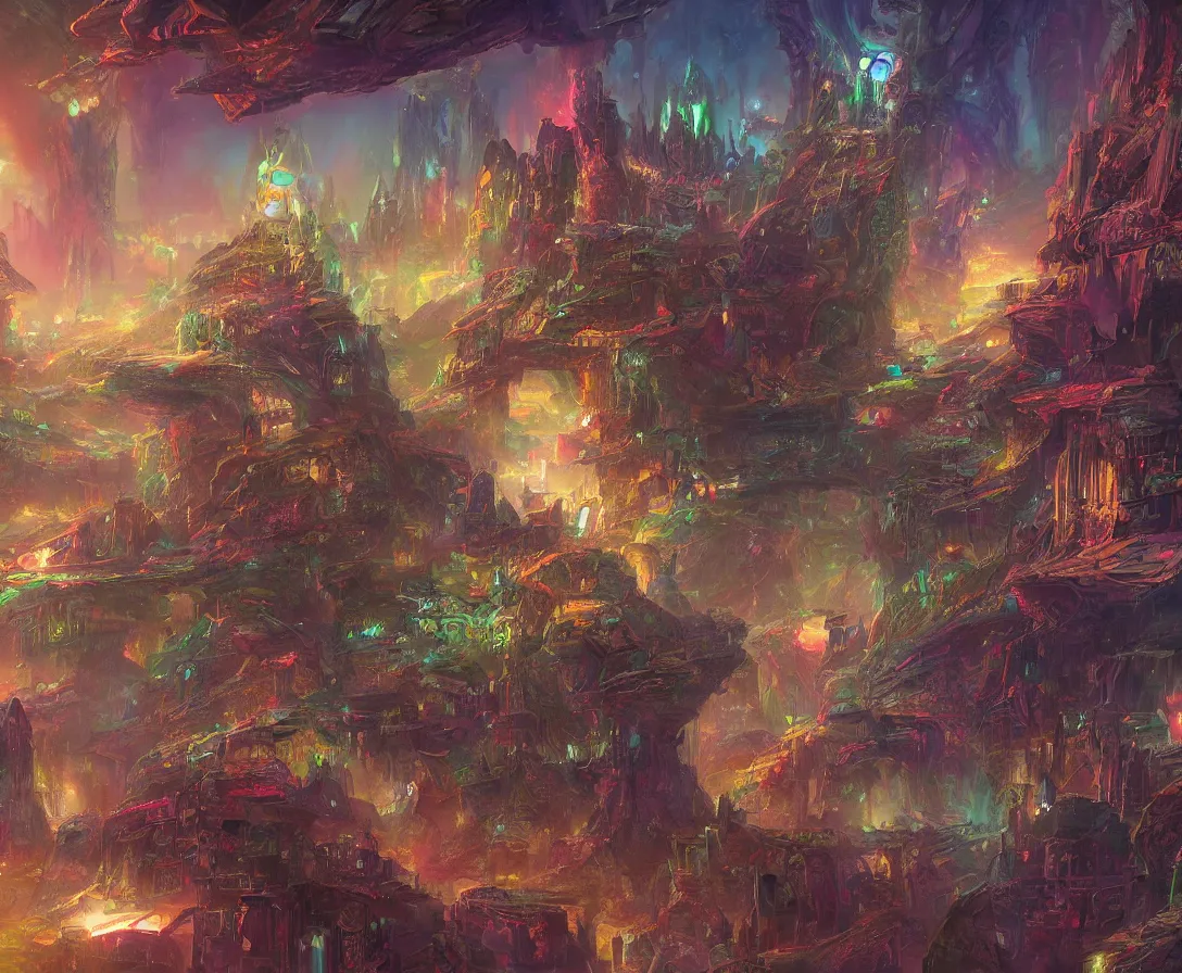 Prompt: detailed painting of an intricate fantasy sci-fi-world, colorful, dreamy, concept art