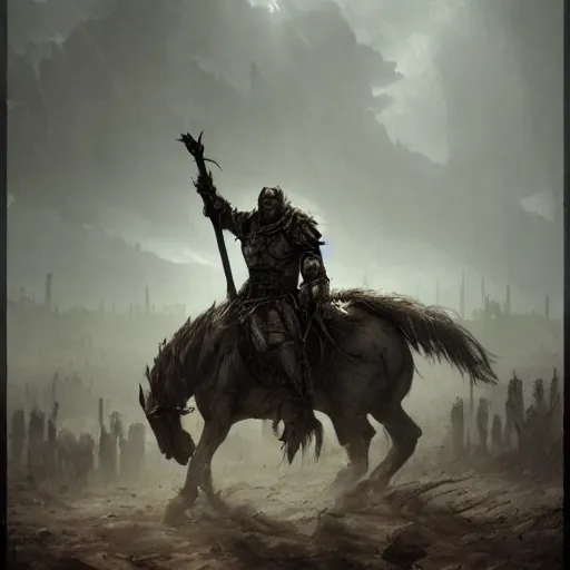 Image similar to A single knight standing against an army of orcs in the desert, HD, ultra detail, matte, fantasy, famous illustration, masterpiece, dark atmosphere, war, good value control, intricate, cinematic, concept art, art by Leesha Hannigan and Greg Rutkowski, 8K, foggy,