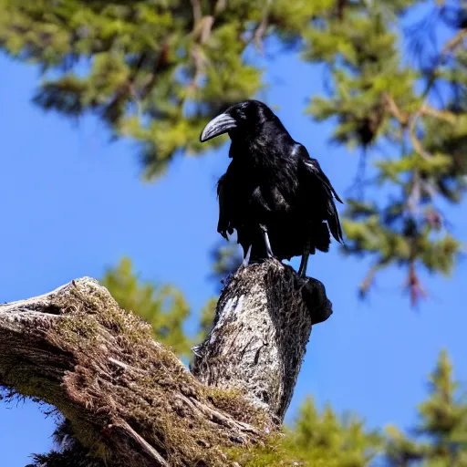 Prompt: A high quality photo of a raven perched on a tree, 4k, detailed, focus on a raven