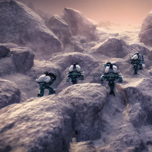 Prompt: an army of space soldiers invading an ice world full of mountains and rocks, award winning, trending on artstation, unreal engine