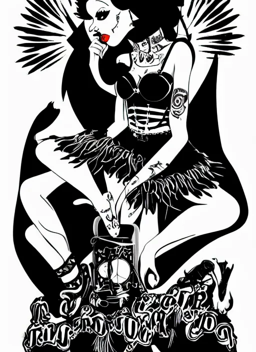 Prompt: goth girl burlesque psychobilly punk, black background, drawing, illustration