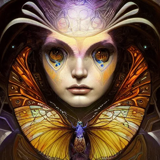 Prompt: beautiful closeup portrait of an art moderne fairy queen, glowing eyes. reflective detailed textures, moth wings, highly detailed dark fantasy science fiction painting by donato giancola and peter mohrbacher and nicholas roerich, elaborate geometric ornament, ancient runes, silver and cool colors. artstation