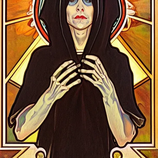 Image similar to a portrait of a skeleton nun in the style of Alphonse Mucha,Realistic style,oil on canvas