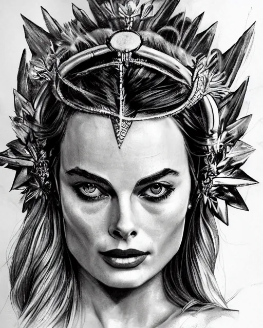 Image similar to realism tattoo sketch of margot robbie as a beautiful greek goddess aphrodite with piercing eyes wearing a laurel wreath and triangle earrings, in the style of greg rutkowski, amazing detail